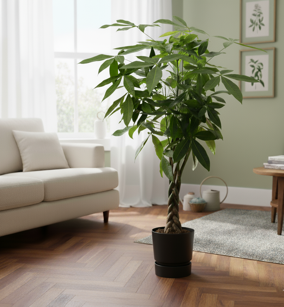 Combi deal - Pachira Aquatica + Elho Greenville Round zwart - 140 cm
