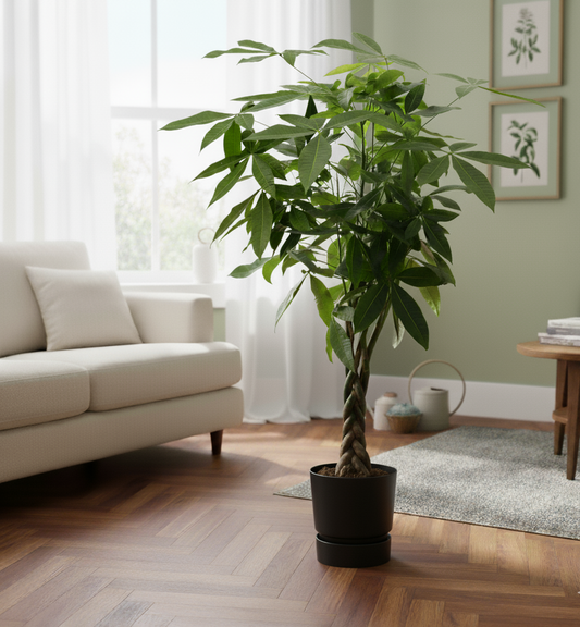 Combi deal - Pachira Aquatica + Elho Greenville Round zwart - 140 cm